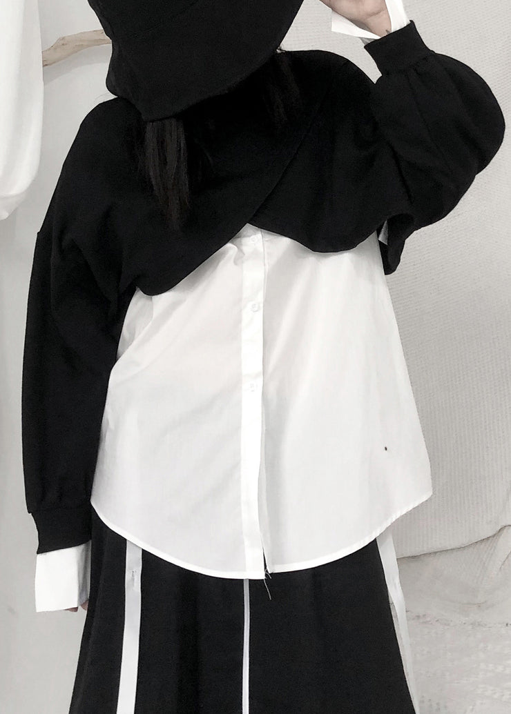 Handmade Black White Patchwork O-Neck Button Cotton Top Long Sleeve