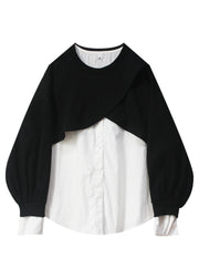Handmade Black White Patchwork O-Neck Button Cotton Top Long Sleeve