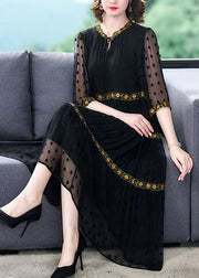 Handmade Black Wrinkled Embroidered Patchwork Silk Dress Summer