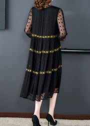 Handmade Black Wrinkled Embroidered Patchwork Silk Dress Summer