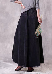 Handmade Black Wrinkled Pockets Corduroy Long Skirt Spring