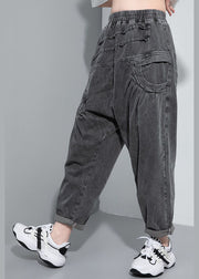 Handmade Black elastic waist Pockets Jean Pants Spring