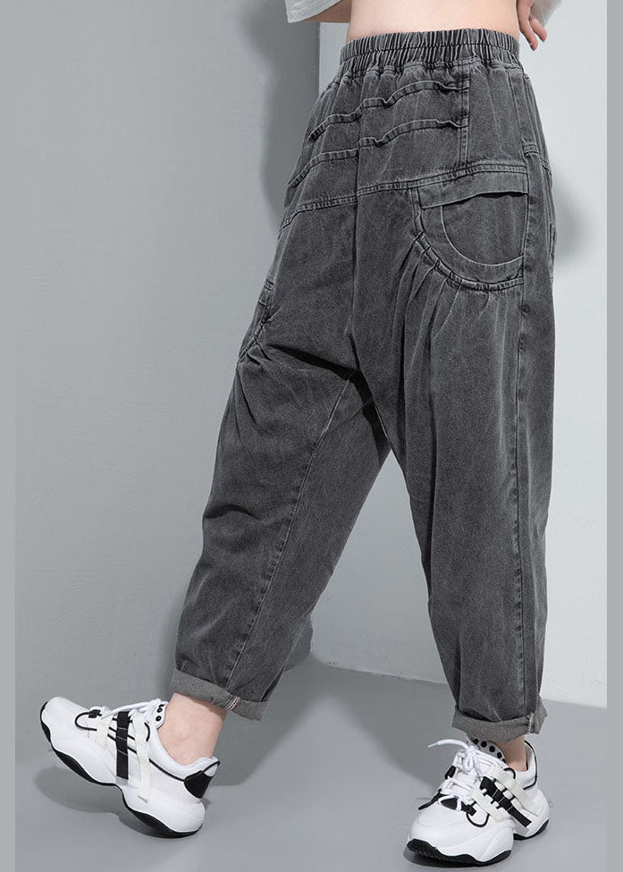 Handmade Black elastic waist Pockets Jean Pants Spring