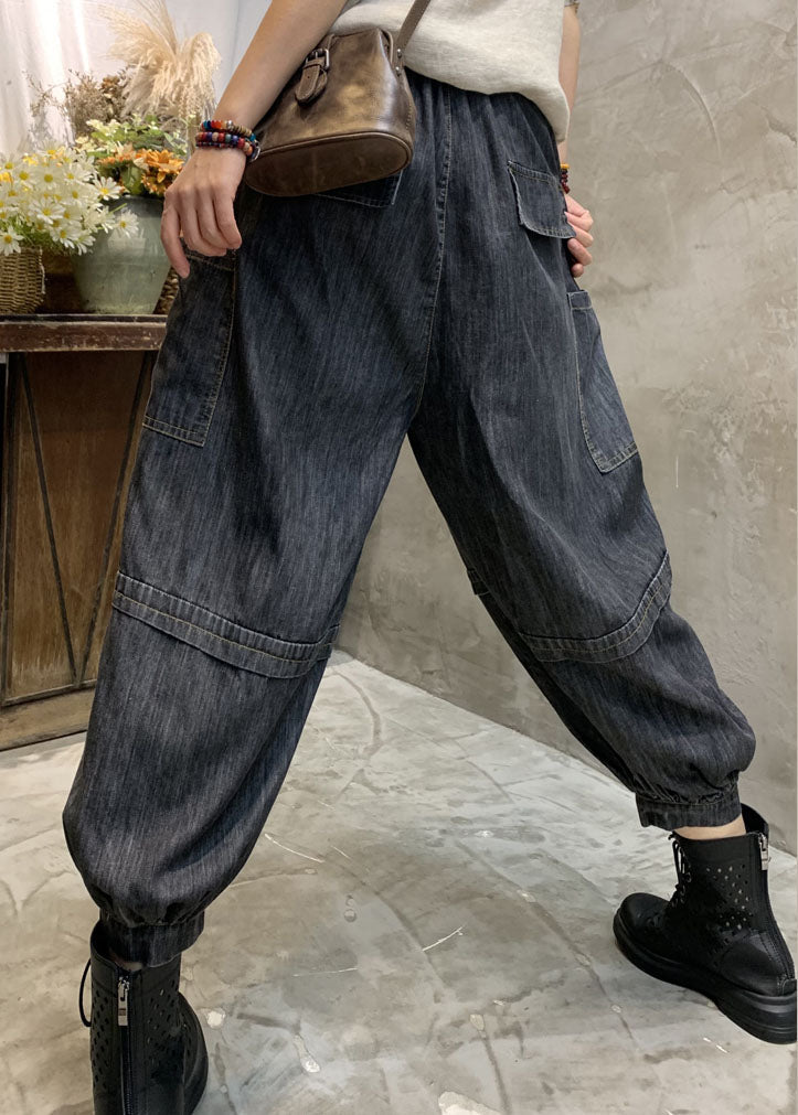 Handgemachte schwarze Patchwork-Jeanshose mit hoher Taille Frühling