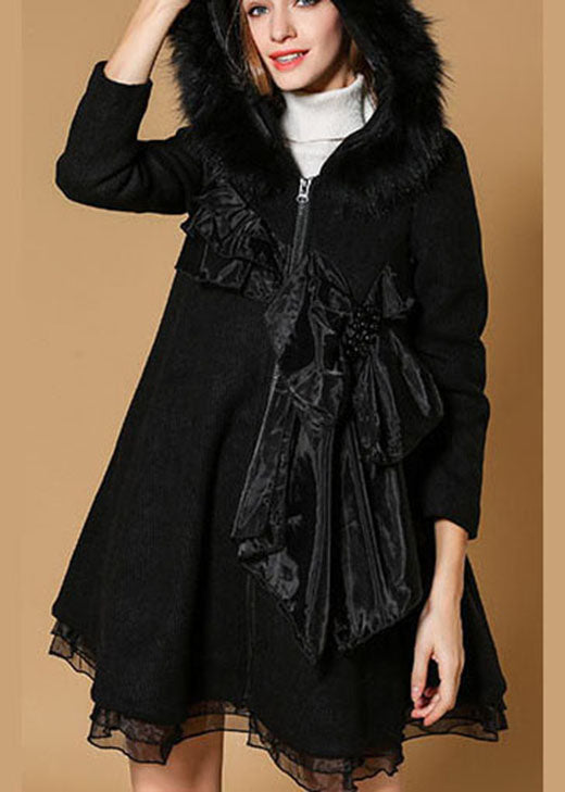 Handmade Black hooded Fur collar Nail bead organza Fall Woolen Coat