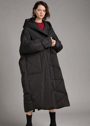 Handmade Black hooded Pockets Loose Winter Down Coat