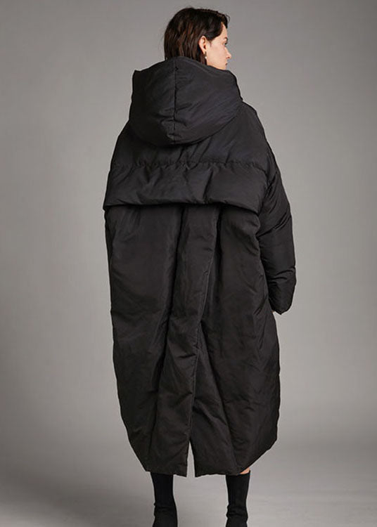 Handmade Black hooded Pockets Loose Winter Down Coat