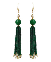 Handmade Blackish Green 14K Gold Pearl Dry Green Glass Beads Drop Earrings
