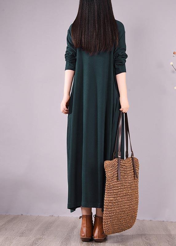 Handmade Blackish Green Embroidery Clothes High Neck Cinched Robes Spring Dresses - SooLinen