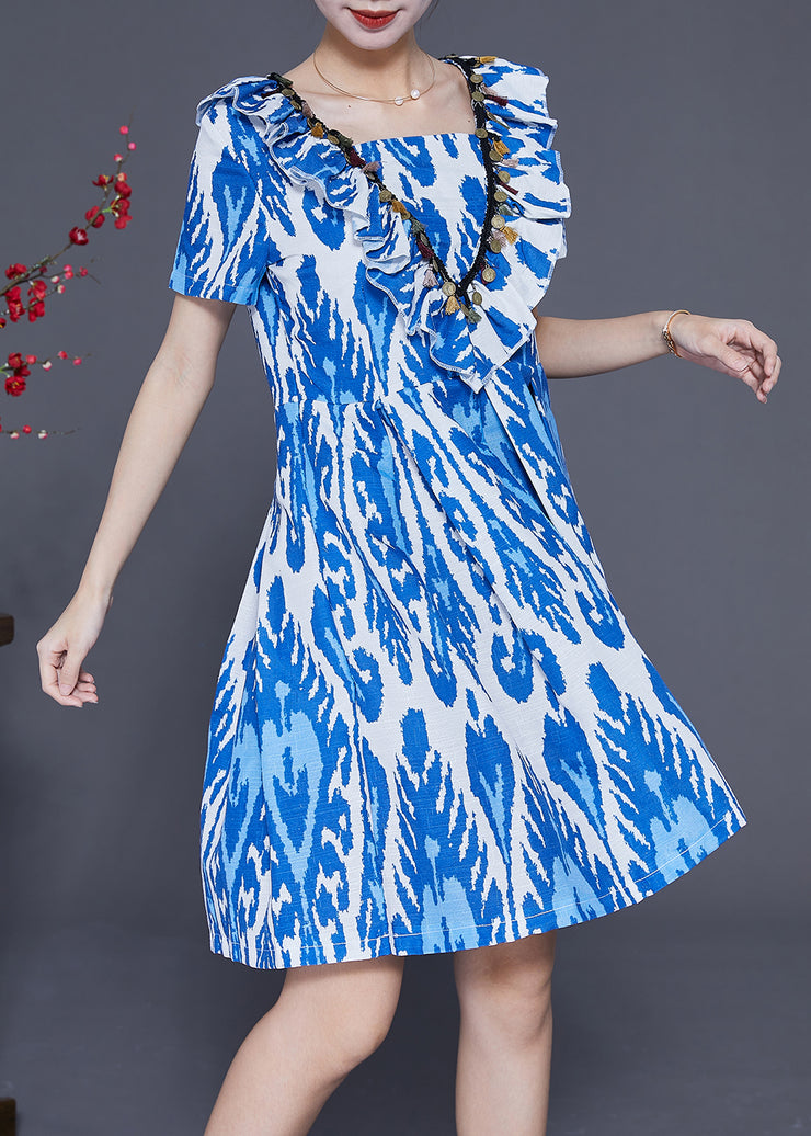 Handmade Blue Cinched Print Linen Vacation Dress Summer