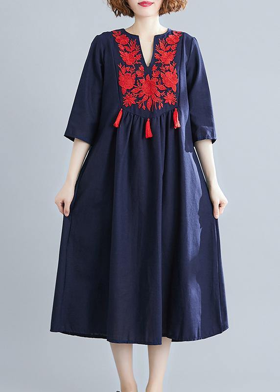Handmade Blue Clothes Women V Neck Tassel  Spring Linen Dresses - SooLinen