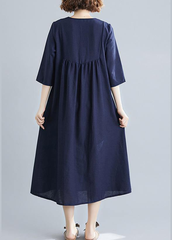 Handmade Blue Clothes Women V Neck Tassel  Spring Linen Dresses - SooLinen