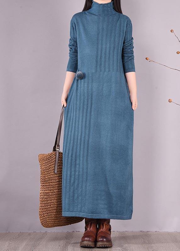 Handmade Blue Dresses High Neck Long Spring Dresses - SooLinen