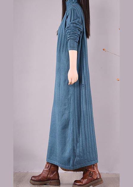 Handmade Blue Dresses High Neck Long Spring Dresses - SooLinen