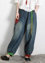 Handmade Blue Elastic Waist Patchwork Summer Pants - SooLinen