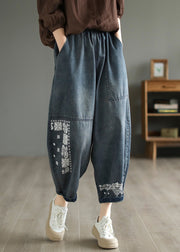 Handmade Blue Embroidered Patchwork Pockets Denim Harem Pants Summer