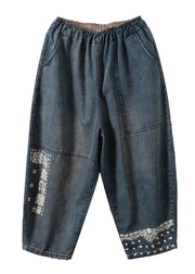 Handmade Blue Embroidered Patchwork Pockets Denim Harem Pants Summer
