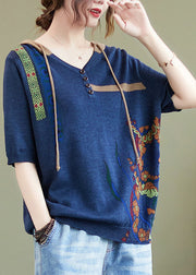Handmade Blue Hooded Print Knit Top Half Sleeve