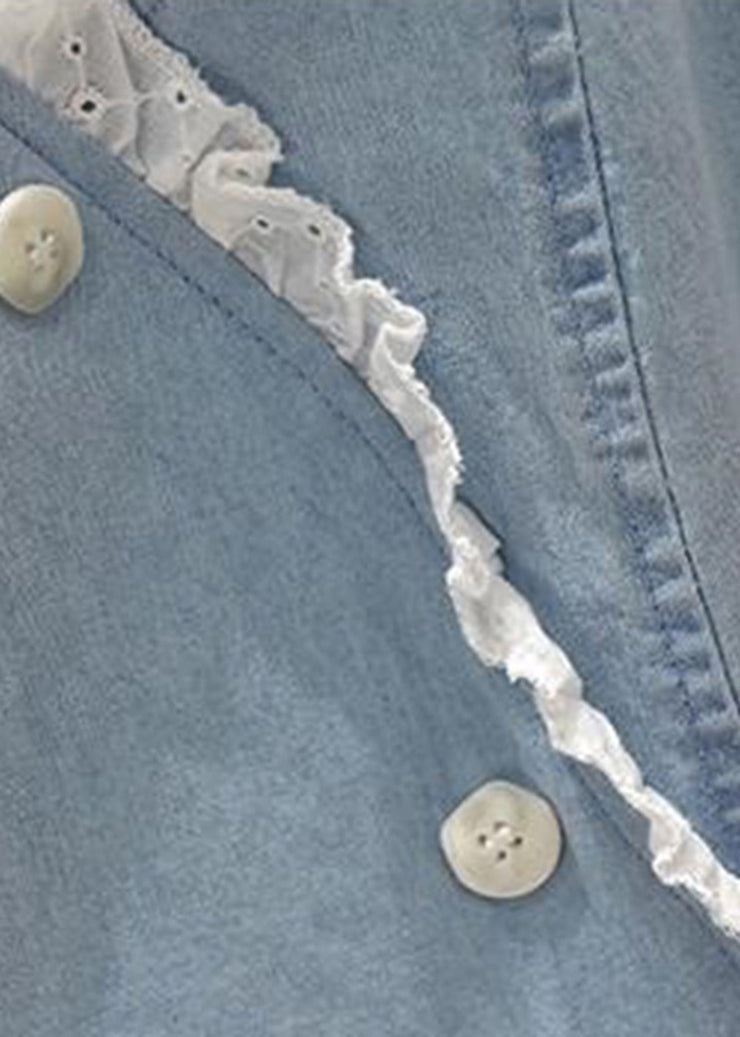 Handmade Blue Lace Patchwork Ruffled Button Denim Mid Dress Short Sleeve