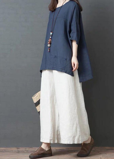 Handmade Blue Linen Cotton low high design Shirt Top - SooLinen