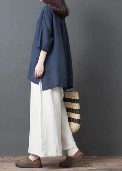 Handmade Blue Linen Cotton low high design Shirt Top - SooLinen