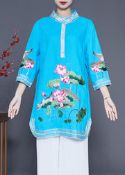 Handmade Blue Lotus Embroidered Linen Mid Dress Summer