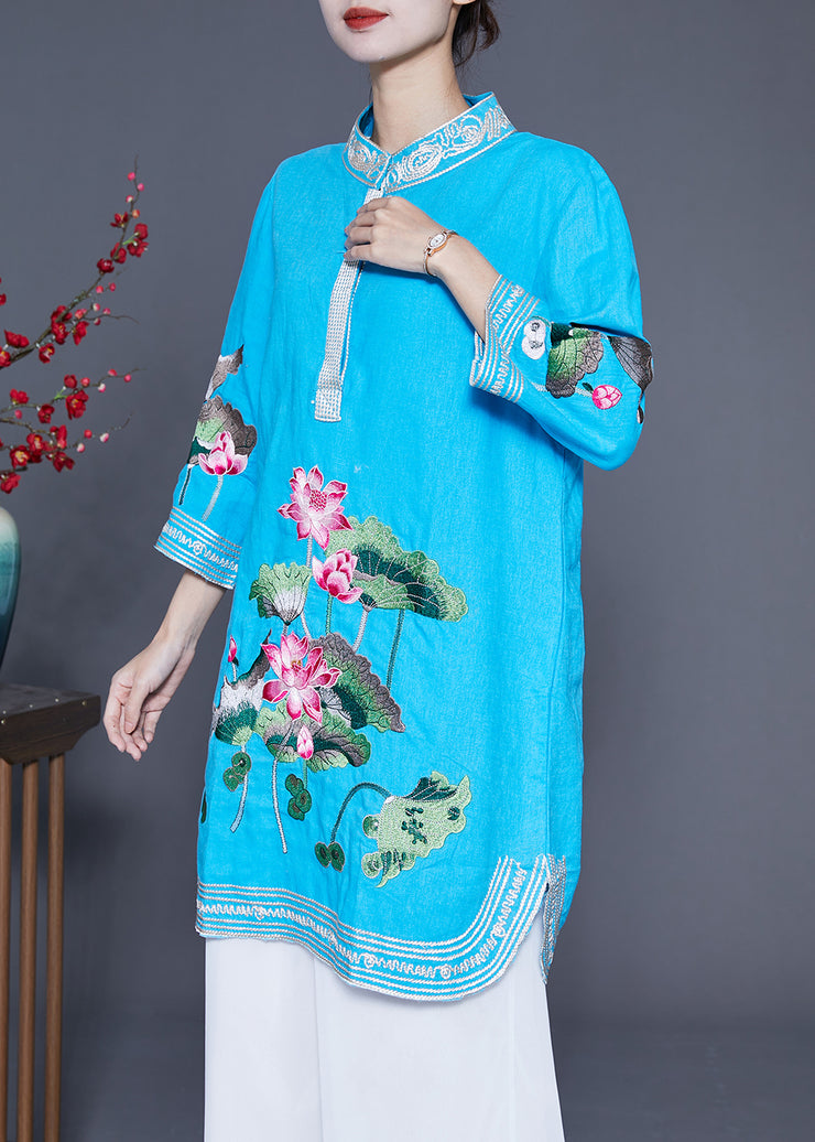 Handmade Blue Lotus Embroidered Linen Mid Dress Summer