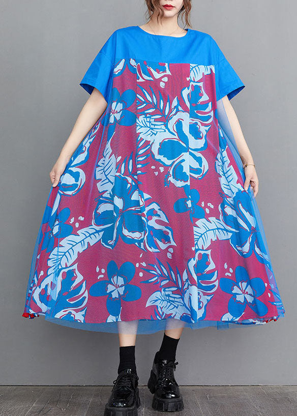 Handgefertigtes A-Linien-Kleid mit kurzen Ärmeln aus blauer O-Neck-Tüll-Patchwork-Print-Baumwolle
