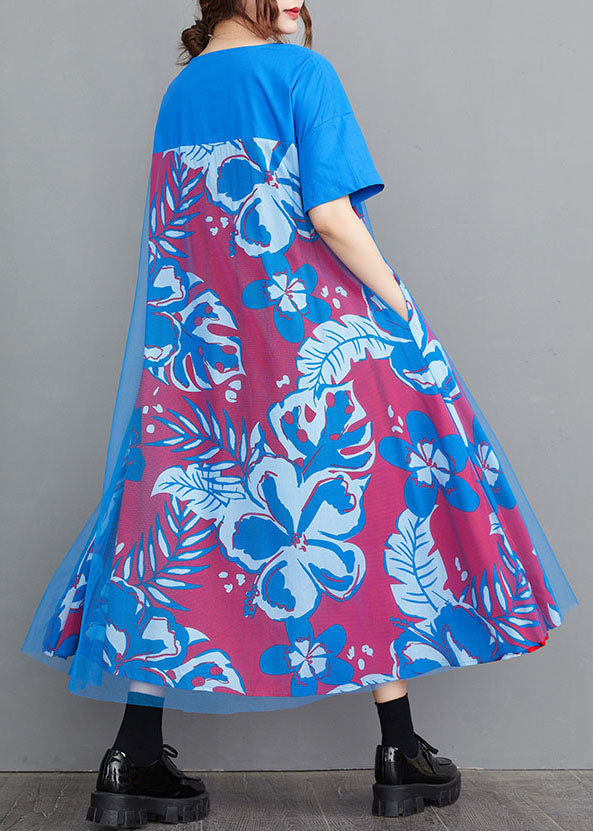 Handgefertigtes A-Linien-Kleid mit kurzen Ärmeln aus blauer O-Neck-Tüll-Patchwork-Print-Baumwolle