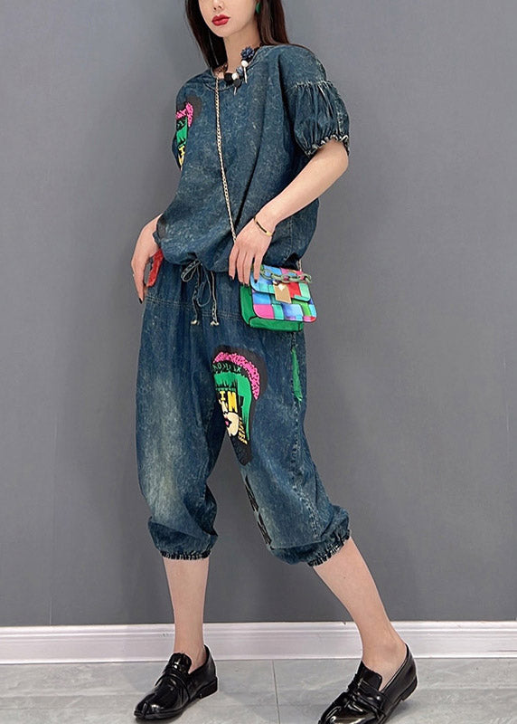 Handmade Blue O-Neck wrinkled Appliques Denim tops and pants Two Piece Set Women Clothing Short Sleeve