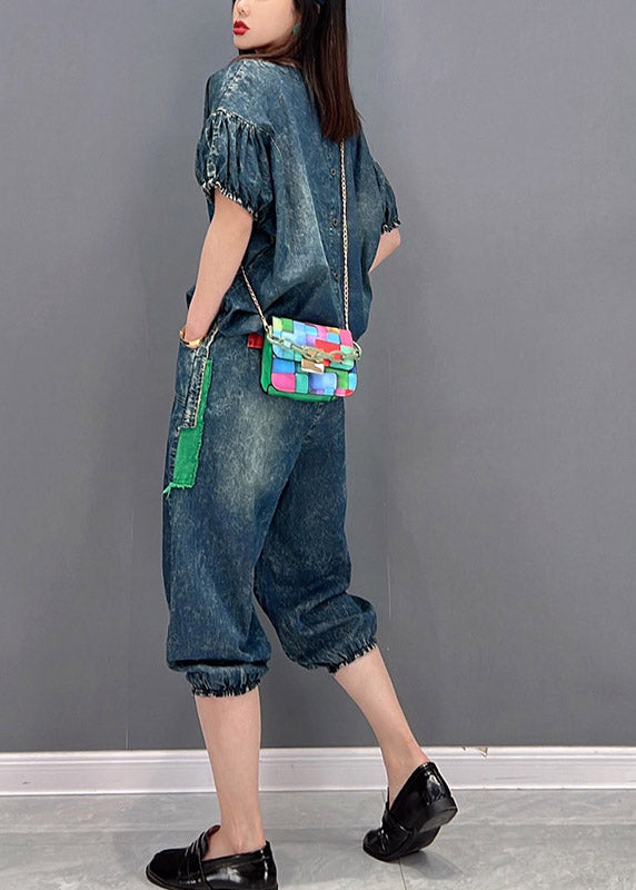 Handmade Blue O-Neck wrinkled Appliques Denim tops and pants Two Piece Set Women Clothing Short Sleeve
