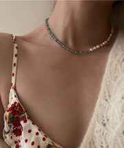 Handmade Blue Overgild Inlaid Jade Pearl Necklace