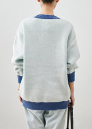Handmade Blue Oversized Print Knit Coats Winter