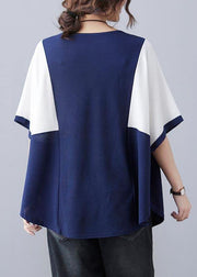 Handmade Blue Patchwork Batwing Sleeve Shirt Top Summer - SooLinen