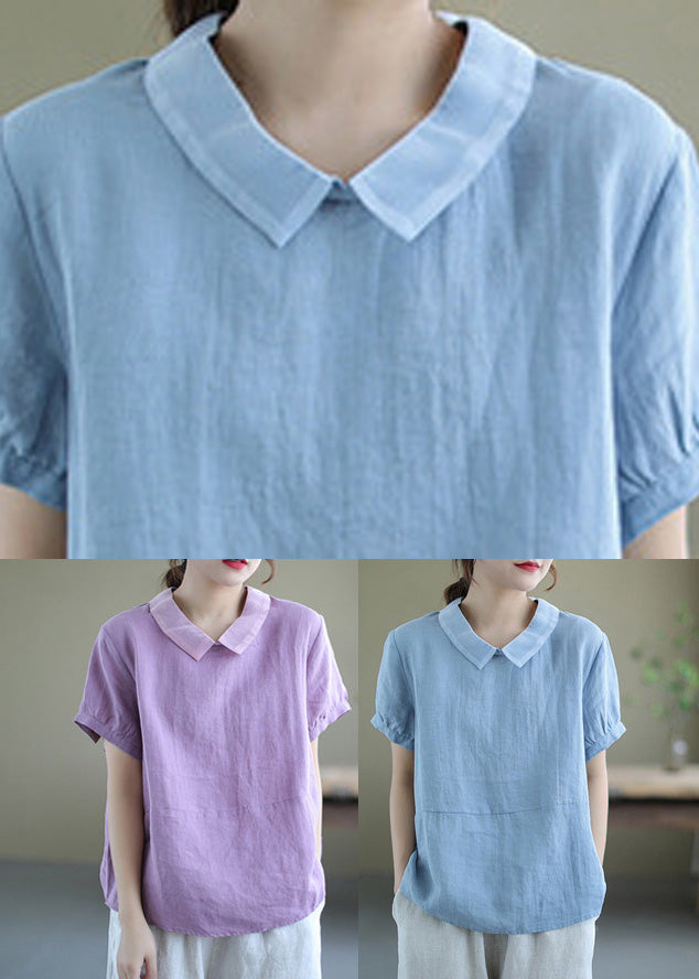 Handmade Blue Patchwork Solid Ramie T Shirt Summer