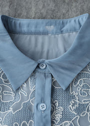 Handgefertigte blaue Bubikragen bestickte Spitzenhemdkleider mit kurzen Ärmeln