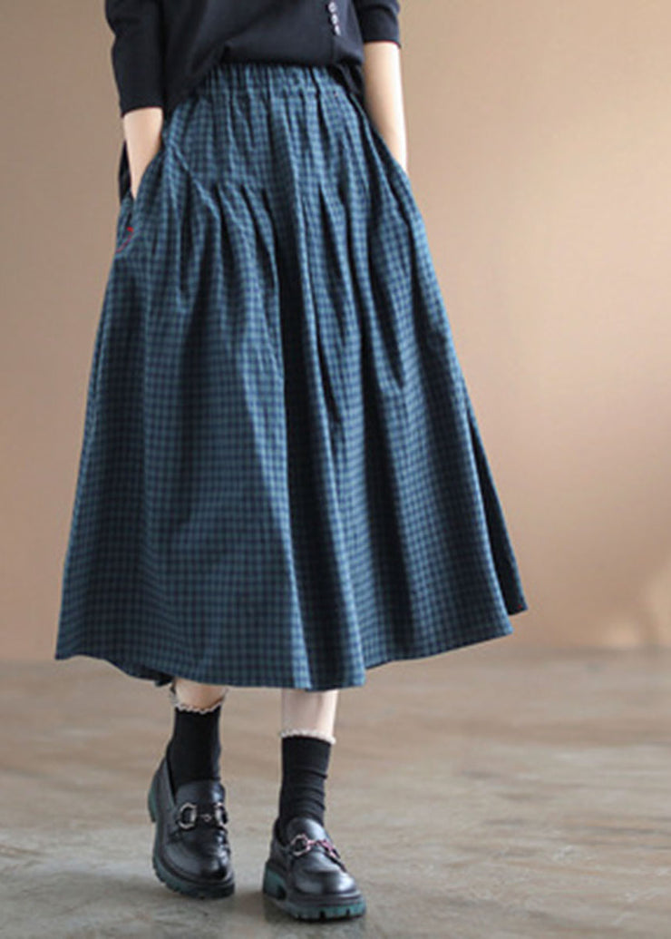 Handmade Blue Plaid Elastic Waist Pockets Fall Skirt