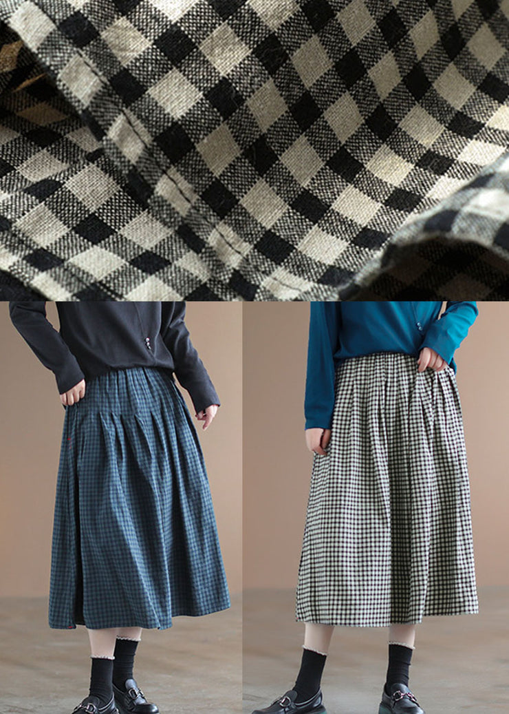 Handmade Blue Plaid Elastic Waist Pockets Fall Skirt