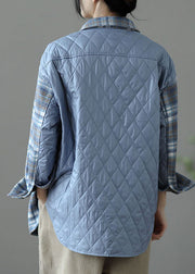 Handmade Blue Plaid Patchwork Fine Cotton Filled Woolen Shirt Tops Spring
