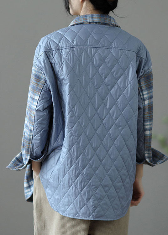 Handmade Blue Plaid Patchwork Fine Cotton Filled Woolen Shirt Tops Spring