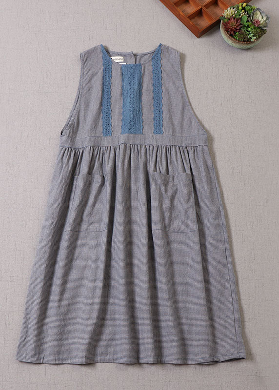 Handmade Blue Plaid Pockets Vacation Dresses Sleeveless