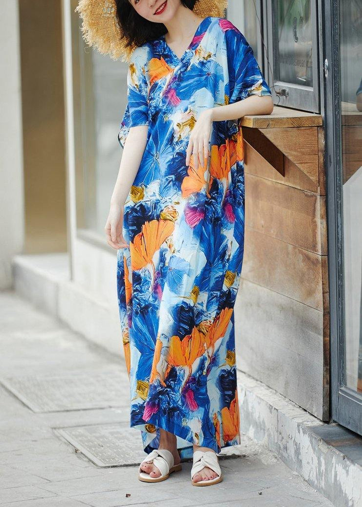 Handmade Blue Print Sundress Caftan Summer Dresses - SooLinen
