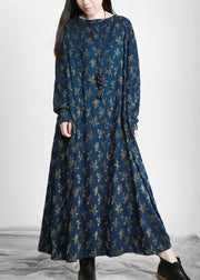 Handmade Blue Print Long Sleeve Fall Dress - SooLinen