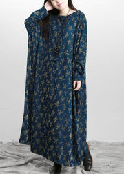 Handmade Blue Print Long Sleeve Fall Dress - SooLinen