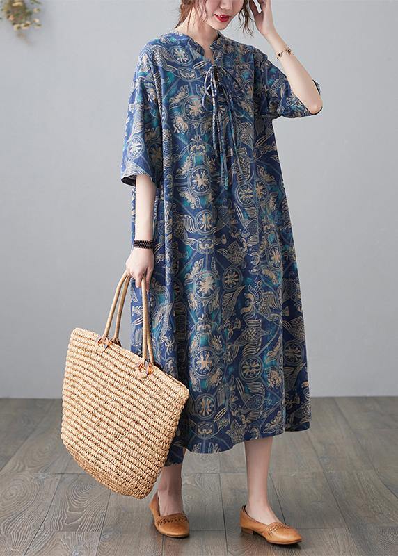 Handmade Blue Print Loose Maxi Summer Cotton Linen Dress - SooLinen