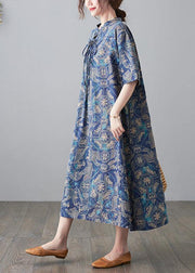 Handmade Blue Print Loose Maxi Summer Cotton Linen Dress - SooLinen