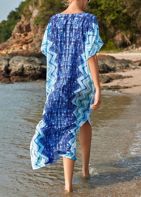 Handmade Blue Print V Neck Beach Gown Summer Maxi Dresses - SooLinen
