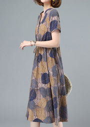 Handmade Blue Print V Neck Drawstring Pocket Cotton Cinch Dresses Short Sleeve