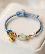 Handmade Blue Sterling Silver Overgild Hand Knitting Jade Pearl Charm Bracelet