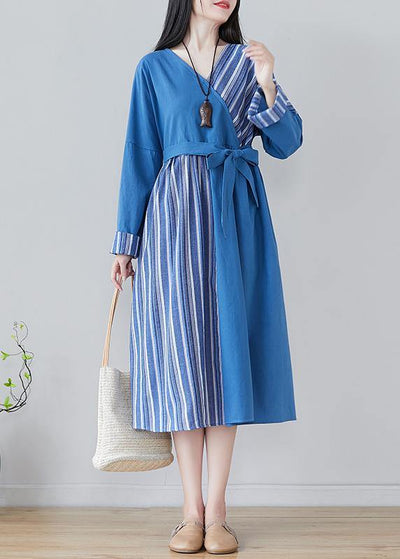 Handmade Blue Striped Tunics For Women V Neck Patchwork Traveling Spring Dresses - SooLinen